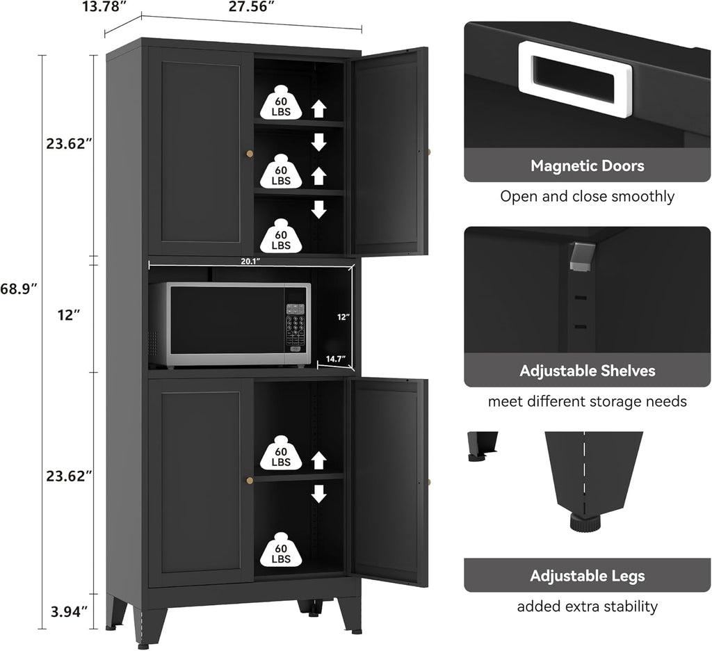 YAUWOH 69" Tall Metal Pantry Cabinet with Microwave Shelf, 4 Doors & 3 Adjustable Shelves, 120LBS Per Shelf Heavy Duty Storage Cabinet with Anti-Tip Design for Kitchen,Dining Room (1PC,Black)