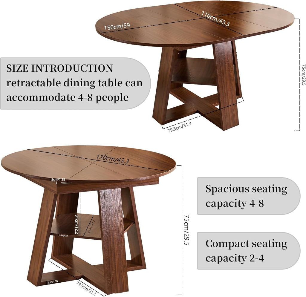 ClinQ 43.3-59in Extendable Round Room Dining Table for 4-6, Modern Kitchen Oval Dining Room Table, Removable Leaves Space Saving, Wooden Base Storage Shelf, Kitchen, Living Room, Dining Room, LWalnut