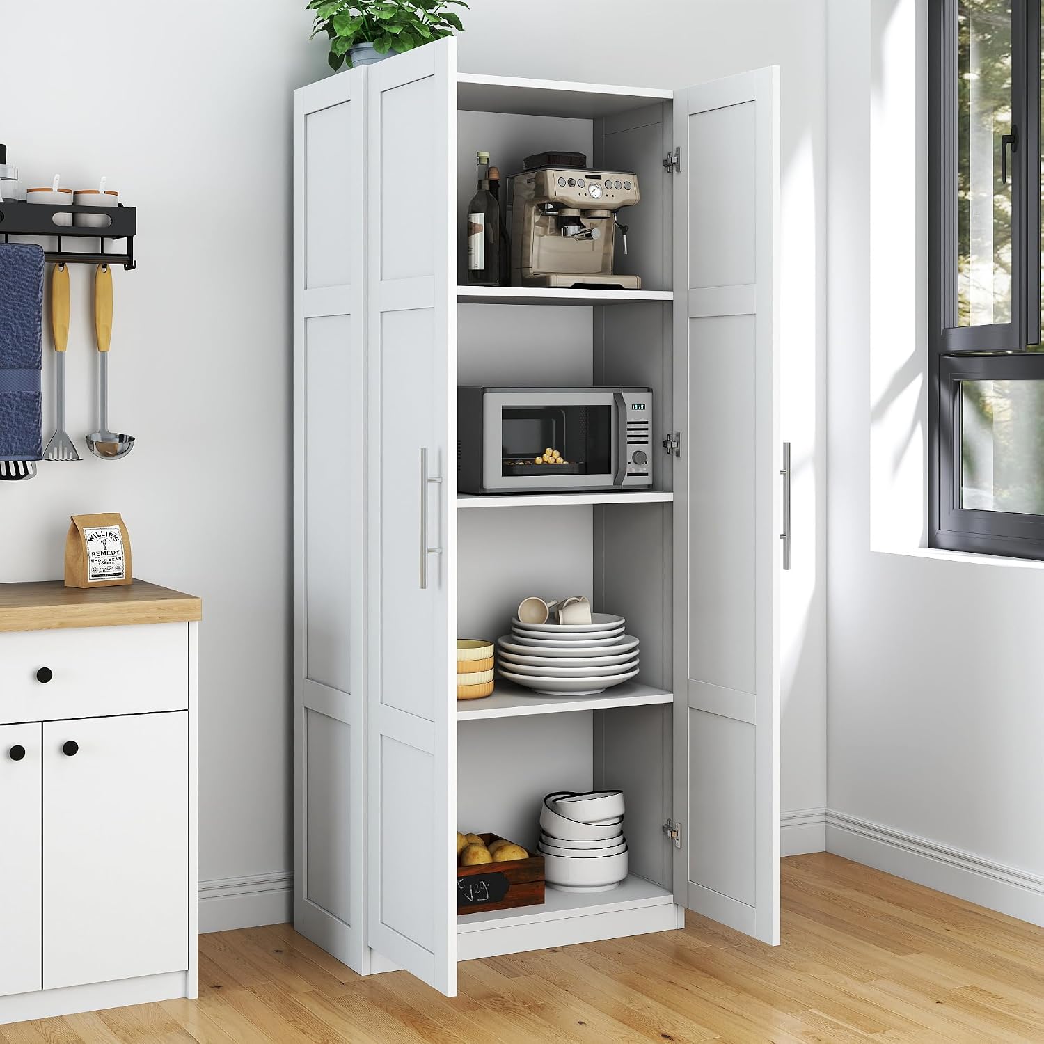 LUMISOL Modern Kitchen Pantry Cabinet with 2 Doors, Buffet Cupboards Sideboard with 4 Storage Spaces, Kitchen Hutch for Living Room Dining Room, White