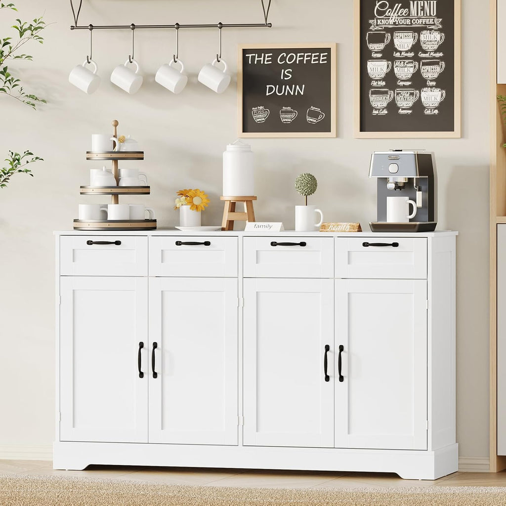 58.7 Inch Sideboard Buffet Cabinet, White Storage Credenza with Charging Station, 4 Drawers & 4 Doors Coffee Bar Cabinet, Modern Console Cabinet for Kitchen Living Room Hallway