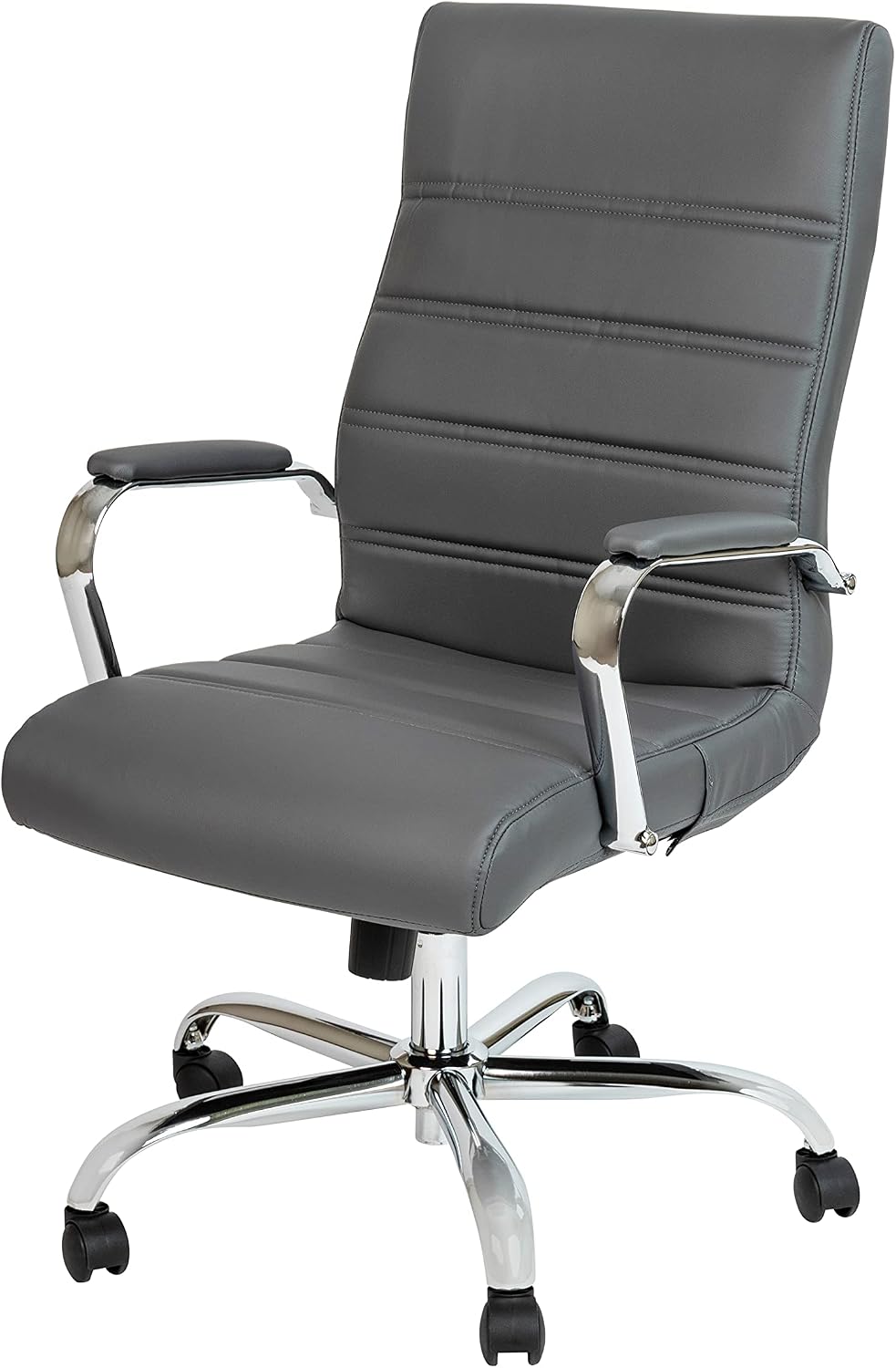 EMMA + OLIVER Faux Leather High-Back Swivel Home Office Desk Chair with Wheels, Padded Seat, and Armrests, Adjustable Height Multipurpose Office Chair, Gray/Chrome