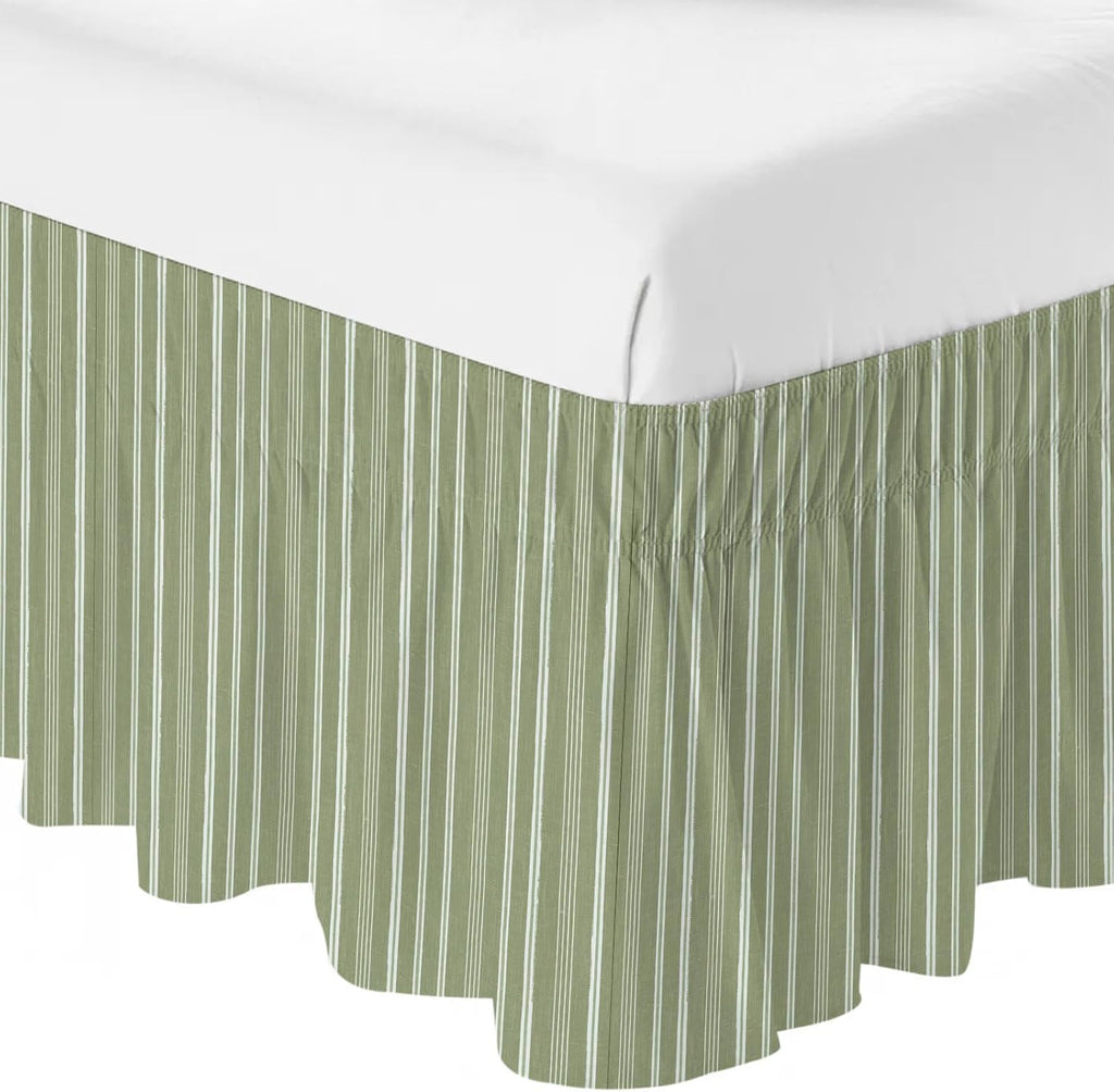 Dark Sage Green Striped Bed Skirt King Size 16 Inch Drop, Adjustable & Elastic Wrap Around Bed Skirts Pleated Dust Ruffles for Twin Full Queen Cal King Base Bed, Farmhouse Stripes Modern Vintage