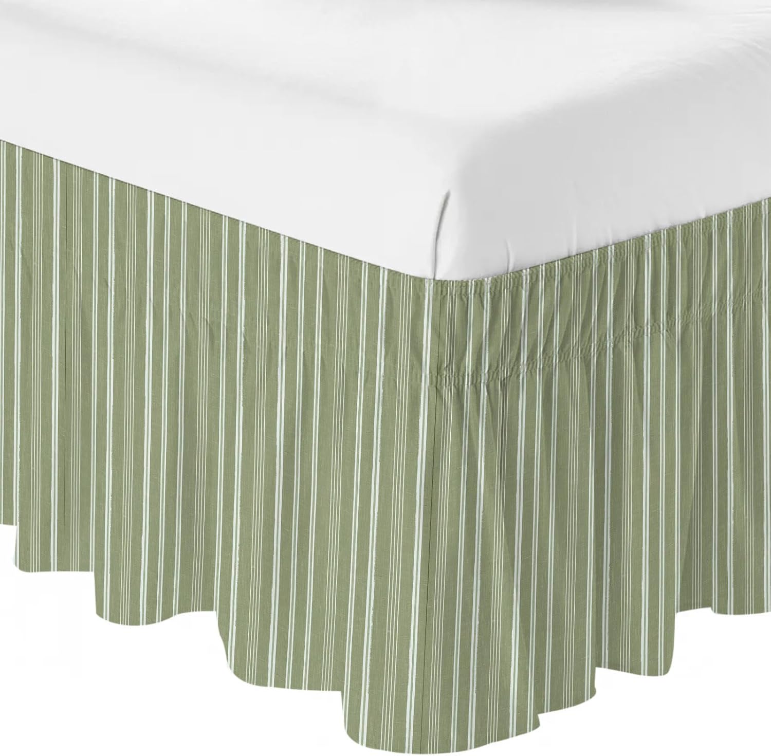 Dark Sage Green Striped Bed Skirt King Size 16 Inch Drop, Adjustable & Elastic Wrap Around Bed Skirts Pleated Dust Ruffles for Twin Full Queen Cal King Base Bed, Farmhouse Stripes Modern Vintage