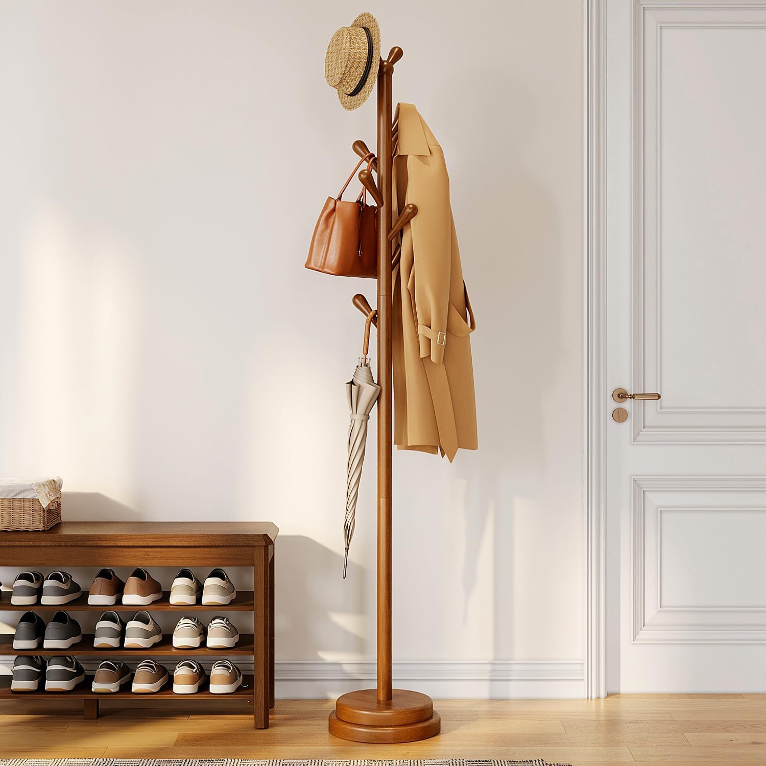 STARSAGA Solid Wood Coat Rack Freestanding Coat Tree with 8 Hooks | Adjustable Height Heavy Duty Coat Rack with Rounded Hooks & Dual-Layer Base, Holds Coats Hats Bags for Entryway, Bedroom