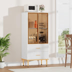 Garvee Fluted Pantry Cabinet with Glass Door and 2 Drawers, Kitchen Pantry Storage Cabinet with Adjustable Shelves, Modern Display Sideboard for Kitchen, Dining Room, Living Room, White