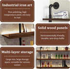 Solid Wood Wall Mounted Wine Rack, Large Bar Shelf with Led Light, 3-Tiers Floating Bar Shelves, Industrial Pipe Bar Shelf, for Home Bar, Dining Room & Kitchen (100cm/39.7in)