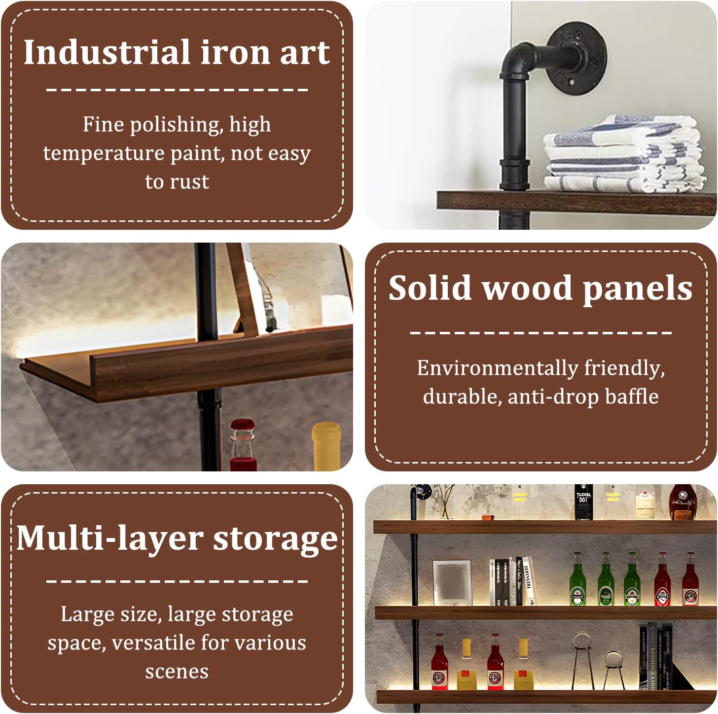 Solid Wood Wall Mounted Wine Rack, Large Bar Shelf with Led Light, 3-Tiers Floating Bar Shelves, Industrial Pipe Bar Shelf, for Home Bar, Dining Room & Kitchen (100cm/39.7in)