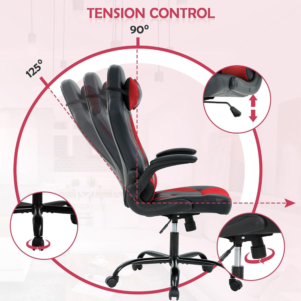 Adjustable Armrest PC Game Chair, Red, PU Leather Swivel Racing Style Chair with Lumbar Support, Ergonomic Rolling Office Desk Chair, High Back, 250 lbs Weight Capacity