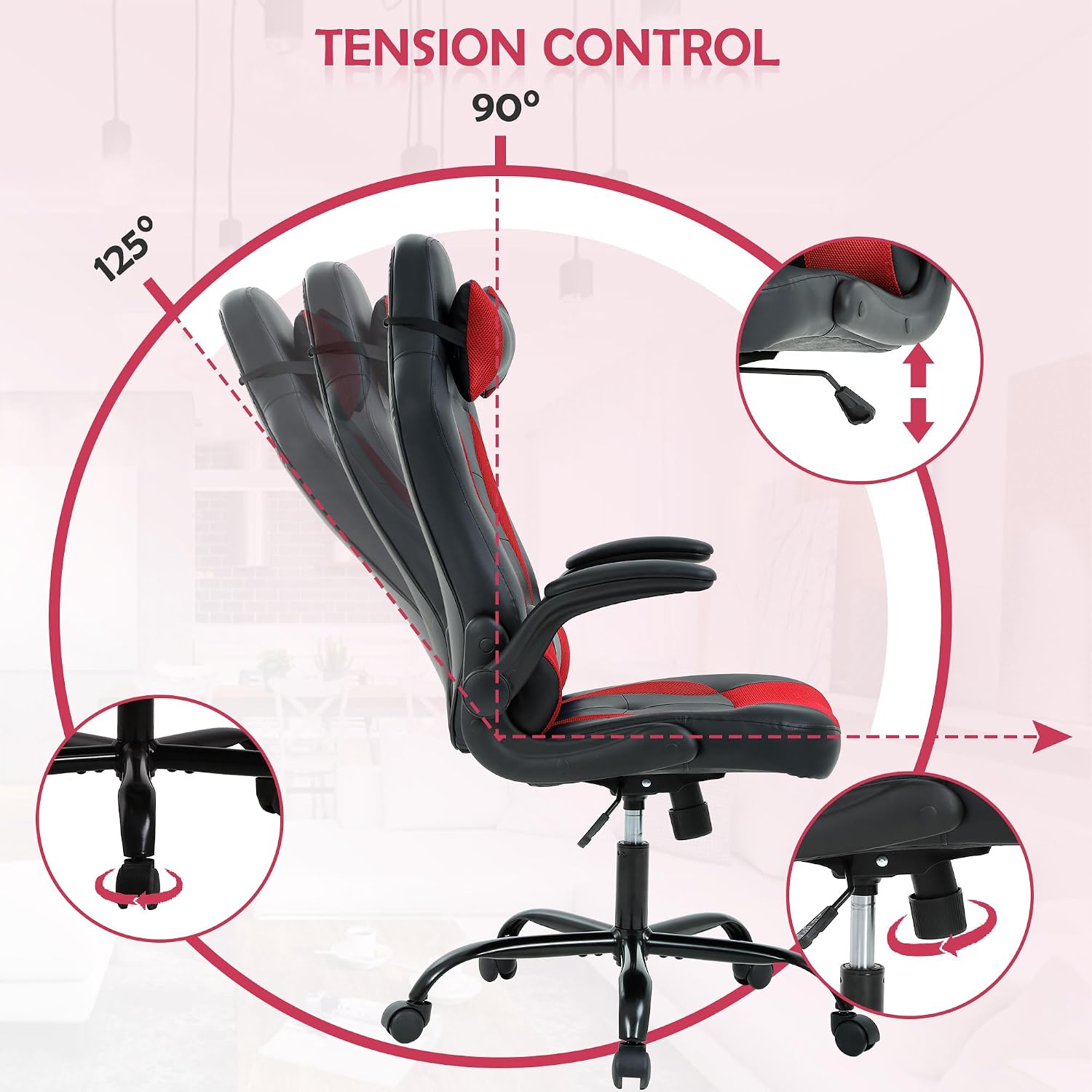 Adjustable Armrest PC Game Chair, Red, PU Leather Swivel Racing Style Chair with Lumbar Support, Ergonomic Rolling Office Desk Chair, High Back, 250 lbs Weight Capacity