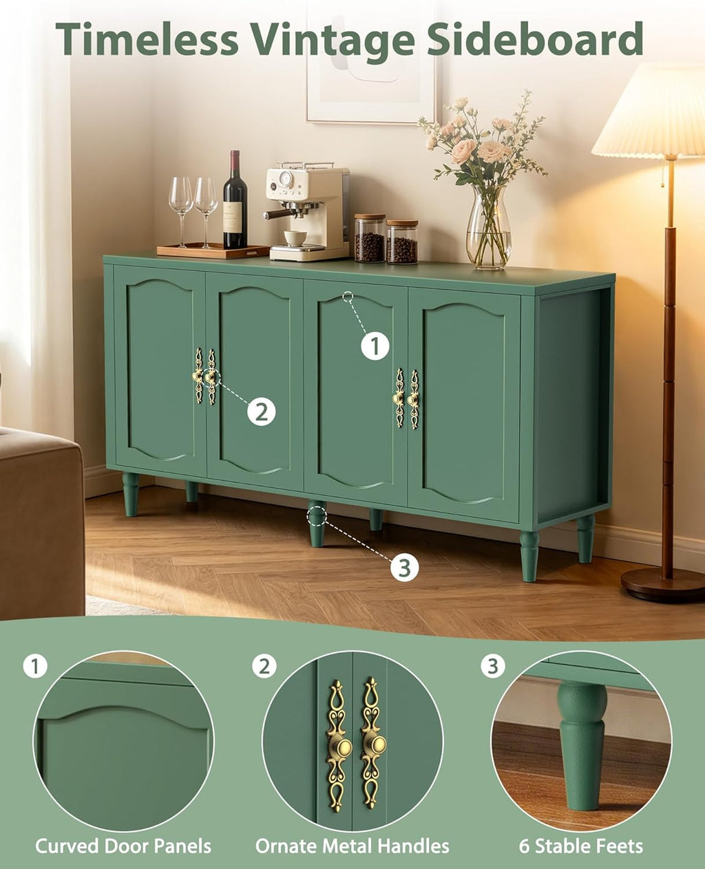 fineway 63" Sideboard Buffet Cabinet, Mid Century Modern Credenza Storage Cabinet with Carved Handle & Adjustable Shelves, Buffet Table Kitchen Coffee Bar for Living Room Dining Room - Green