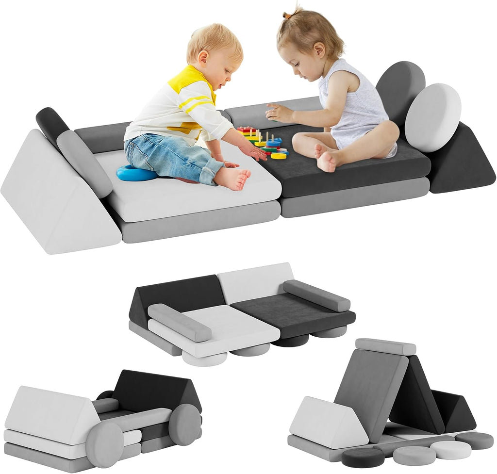 HedoAjim 12 PCS Modular Kids Play Block Couch Sofa Soft Child Toddler Building Fortplay Climbing Bedroom Playroom Baby Convertible Floor Foam Cushion for Boys & Girls (Tonal Gray)