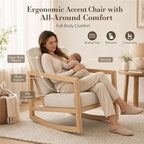 Solid Wood Rocking Chair, Upholstered Nursery Rocker with Removable Washable Cushion and Back Pillow, Comfy Armchair for Living Room, Bedroom, Reading Nook and Baby Feeding, Beige