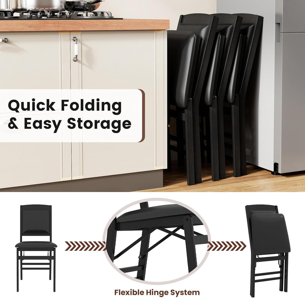 COSTWAY Folding Dining Chairs Set of 2, Wooden Kitchen Side Chairs w/Padded Seat, Solid Wood Frame, 400 LBS Load Bearing, No Assembly Needed, Vintage Foldable Chairs for Dining Living Room, Black