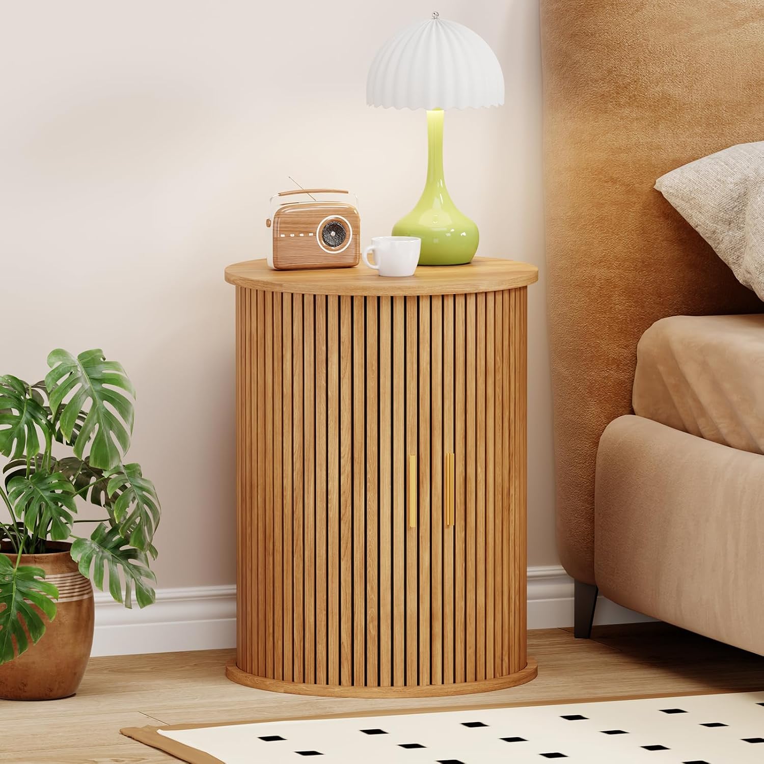 Round Fluted End Table Tall Side Table with Sliding Tambour Door & Storage Shelf, Bedside Table for Living Room Mid-Century Modern Nightstand for Bedroom (1, Natural)