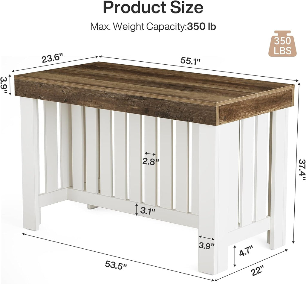 Tribesigns 55" Kitchen Island, Farmhouse Large Stationary Wood Table with Sturdy Base, Freestanding with Large Worktop & Leg Room for Kitchen, Dining Room (White and Brown)