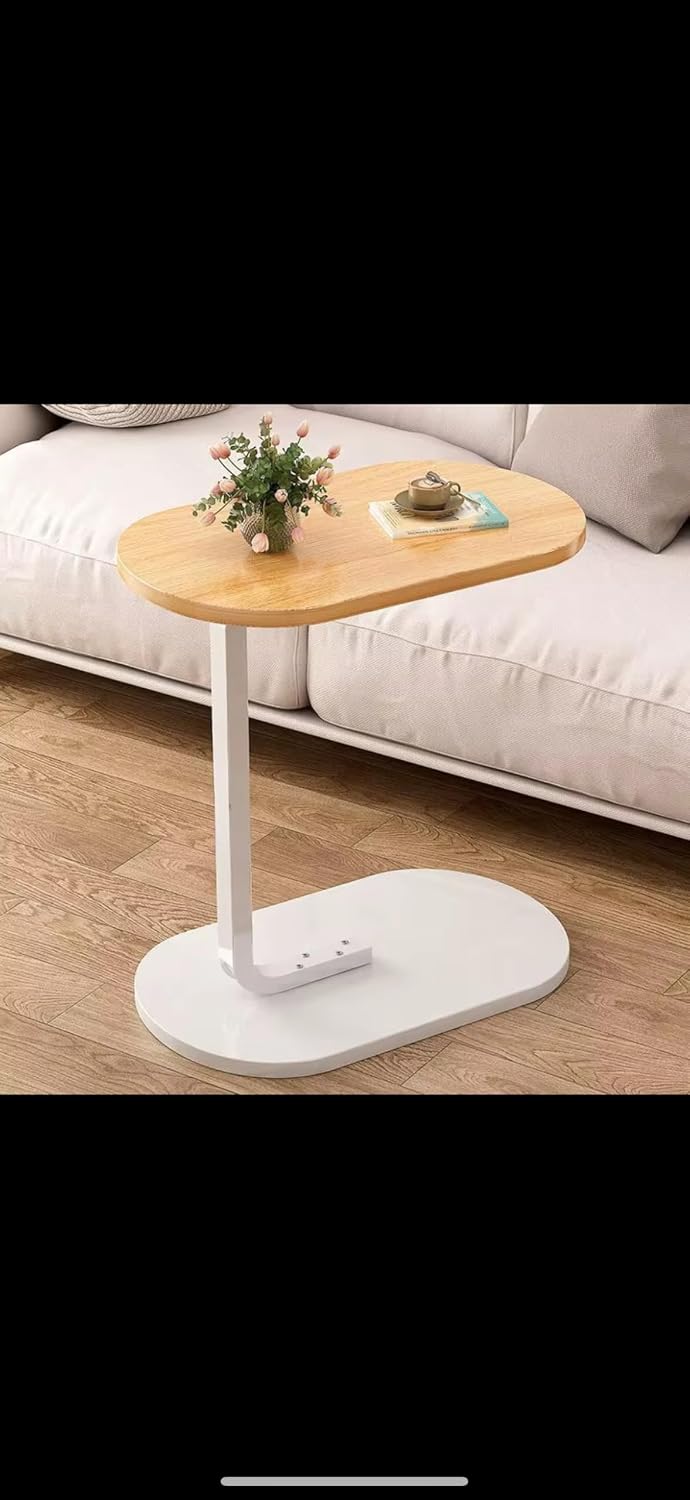 C Shape End Table with Oval Top, Wood Brown Beige Grain and White Metal Base, Sofa Side Table for Coffee and Laptop