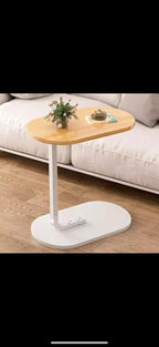 C Shape End Table with Oval Top, Wood Brown Beige Grain and White Metal Base, Sofa Side Table for Coffee and Laptop
