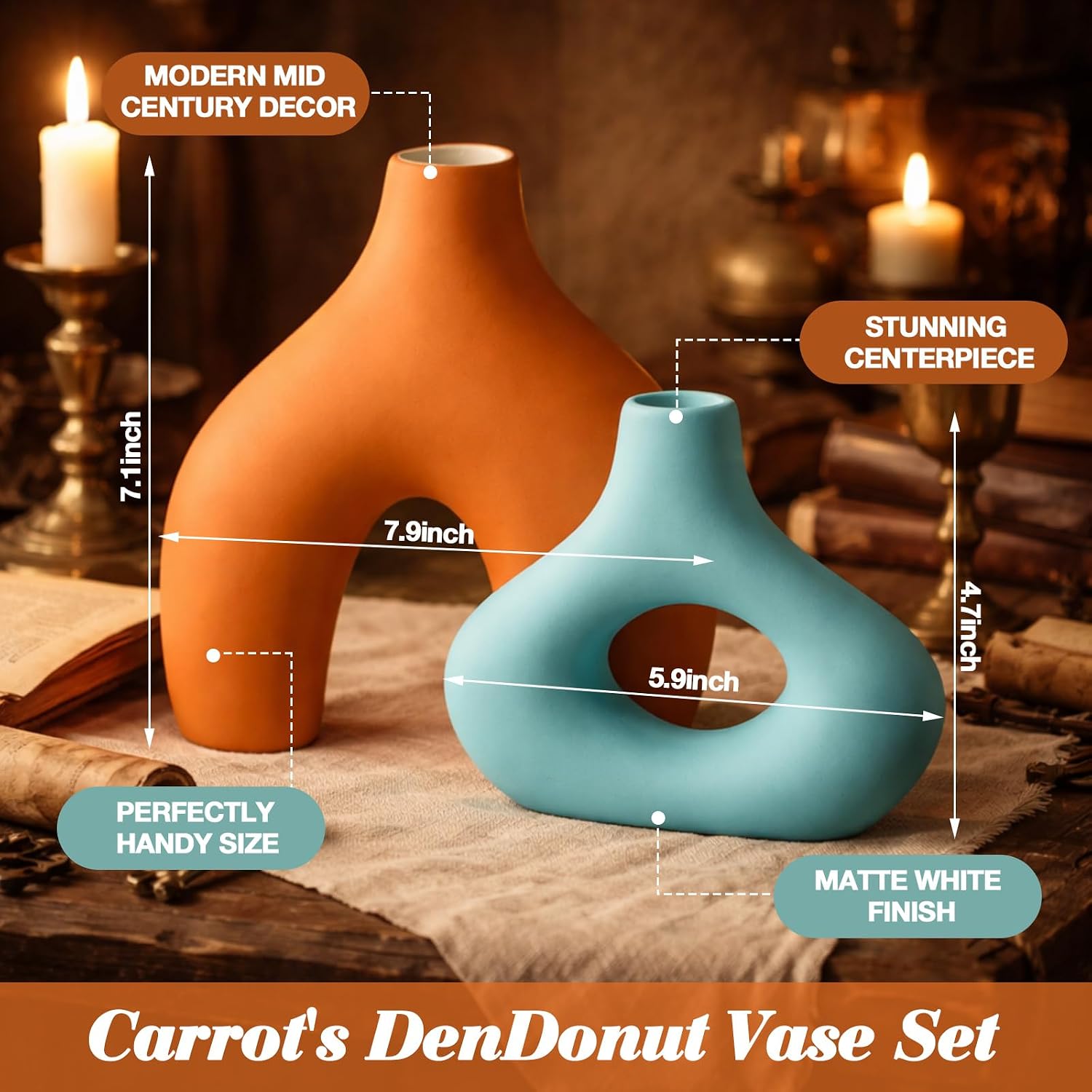 Patelai Set of 2 Mid Century Modern Decor Ceramic Donut Vases, Nordic Boho Round Matte Finish Decor for Home Dining Room Living Room Office Bedroom Shelf(Orange Blue)