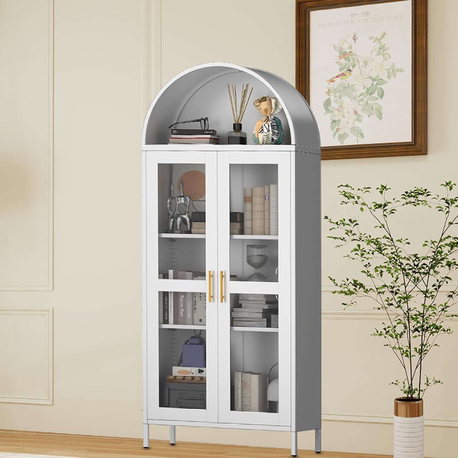 73 in Tall Arched Metal Storage Display Cabinet with Glass Door, Extra Large Capacity, 2 Adjustable Shelves, Modern Farmhouse Design for Kitchen Pantry,Living and Dining Room