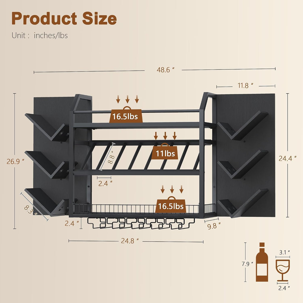 Hoctieon 48.6" Wall Mounted Wine Rack, 3 Tier Hanging Wine Racks with Glass Holder, Large Capacity Bar Shelves, Metal Wood Bottle Display Storage for Kitchen, Home Bar, Dining Room, Black