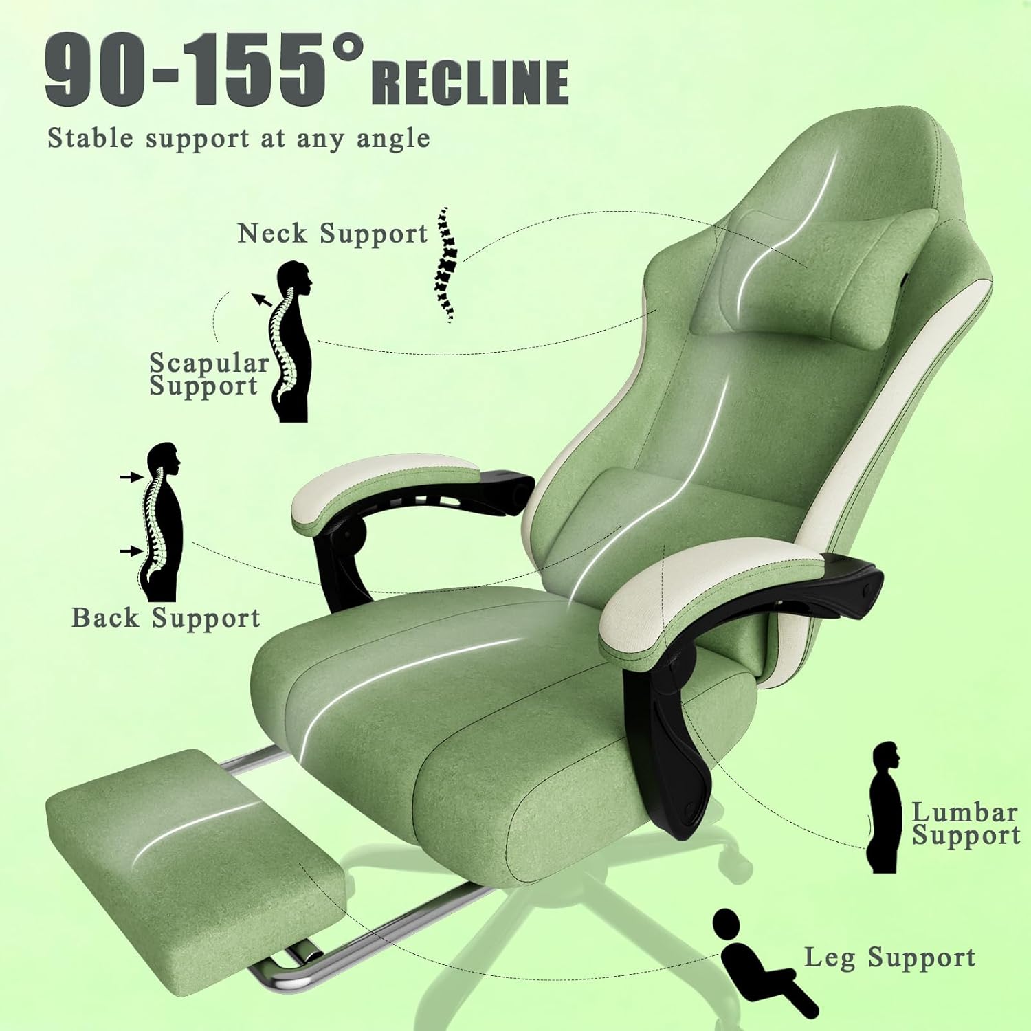 Gaming Chair, High Back Fabric Game Chair with Pocketed Spring Cushion and Footrest, Height Adjustable Computer Chair for Adults (Green)