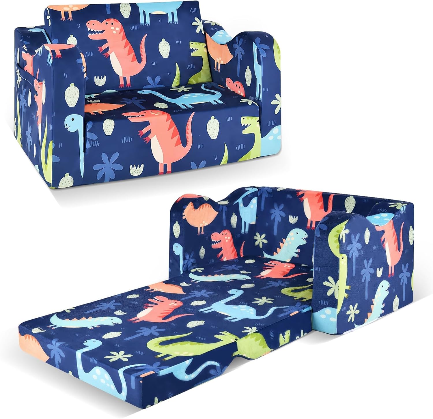 Kids Couch Sofa Toddler Sofa Dinosaur 2-in-1 Foldable Toddler Couch Bed Flip Open Kids Chair for Playroom Bedroom Gift Boys Girls