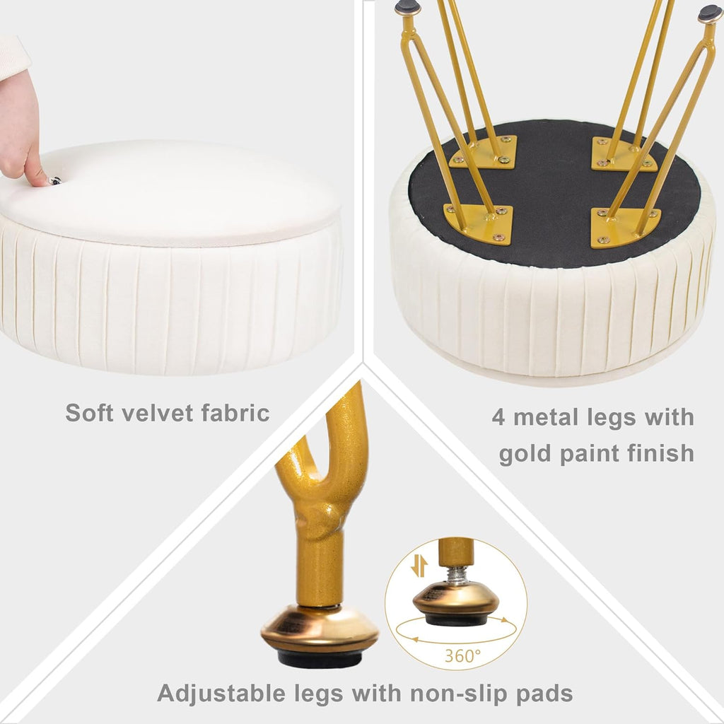 Round Vanity Stool with Storage Ottoman,Vanity Chair for Makeup Room with Removable Cover, Small Footrest Ottoman for Home, Living Room, Bedroom (Beige)