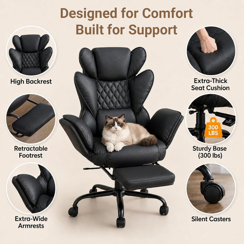 Big and Tall Office Chair with Flip Armrests for Pets and Cross Legged Sitting, Reclining Ergonomic Computer Desk Chair with Foot Rest, Wide Seat PU Leather Executive Chair, 135° Recline Silent Wheels