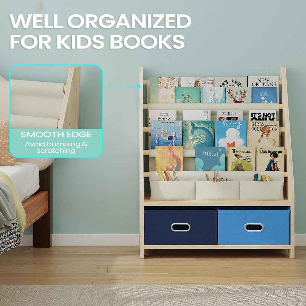 EXPERLAM 4 Tier Kids Bookshelf with Storage Bins, Solid Wood Toddler Book Shelf and Toy Organizer, Sling Book Rack for Kids Room, Nursery, Playroom, Blue