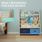 EXPERLAM 4 Tier Kids Bookshelf with Storage Bins, Solid Wood Toddler Book Shelf and Toy Organizer, Sling Book Rack for Kids Room, Nursery, Playroom, Blue