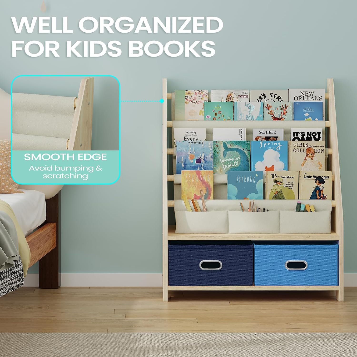 EXPERLAM 4 Tier Kids Bookshelf with Storage Bins, Solid Wood Toddler Book Shelf and Toy Organizer, Sling Book Rack for Kids Room, Nursery, Playroom, Blue