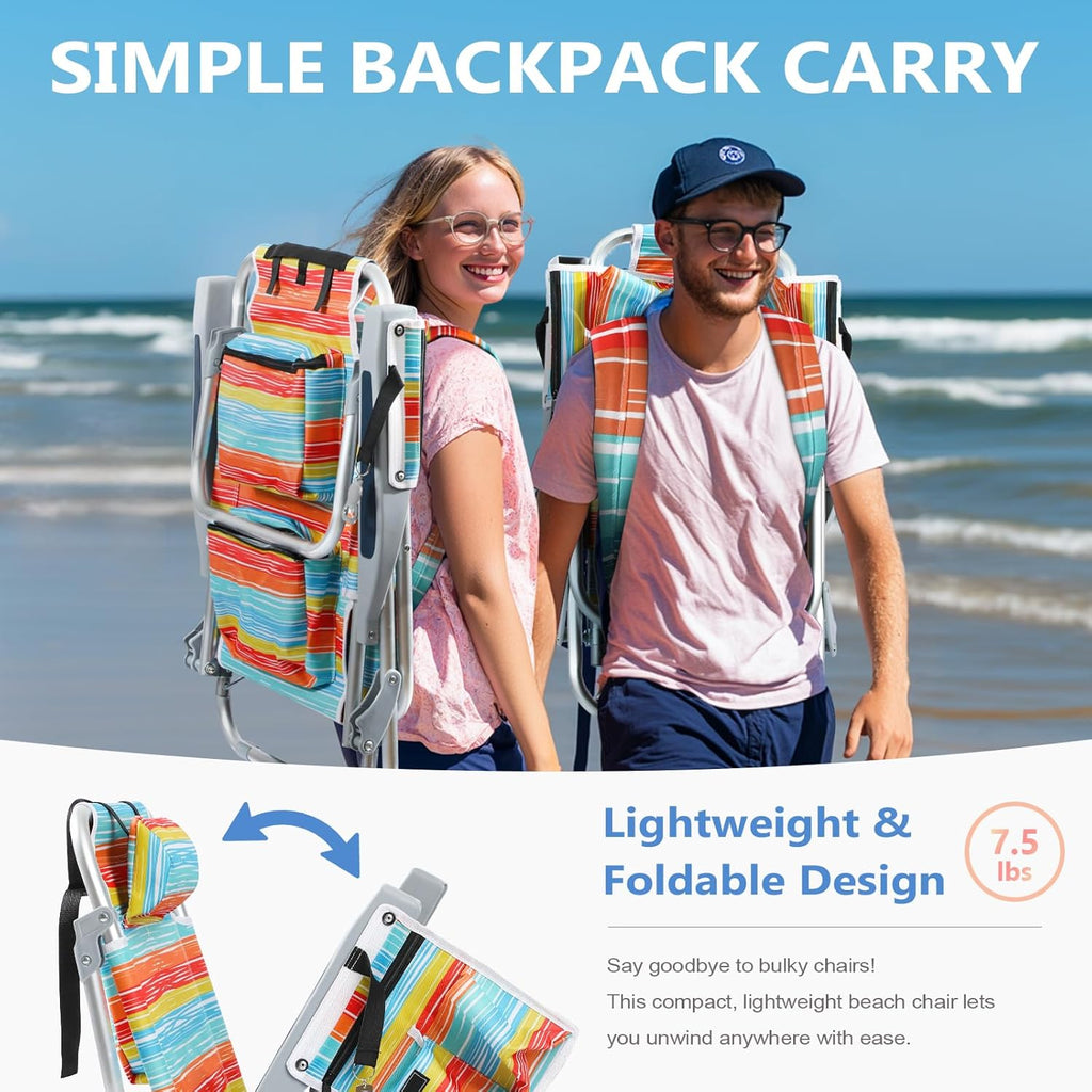 PASAMIC Backpack Beach Chair for Adults Portable, Lay Flat Reclining Beach Chair with 5 Positions, Tall Heavy Duty Folding Chairs with Cup Holder, Cooler Pouch, Storage Pouch, Multicolor Stripe