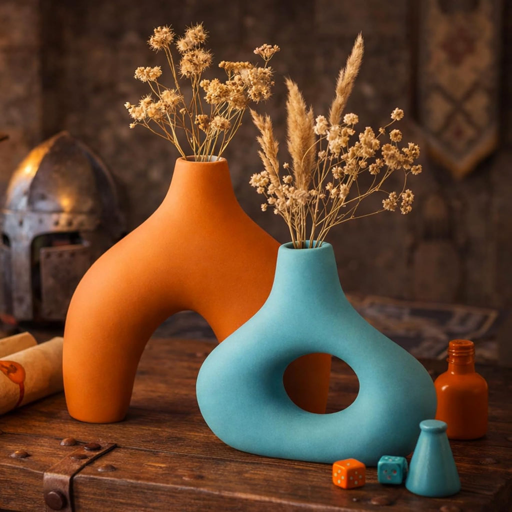 Patelai Set of 2 Mid Century Modern Decor Ceramic Donut Vases, Nordic Boho Round Matte Finish Decor for Home Dining Room Living Room Office Bedroom Shelf(Orange Blue)
