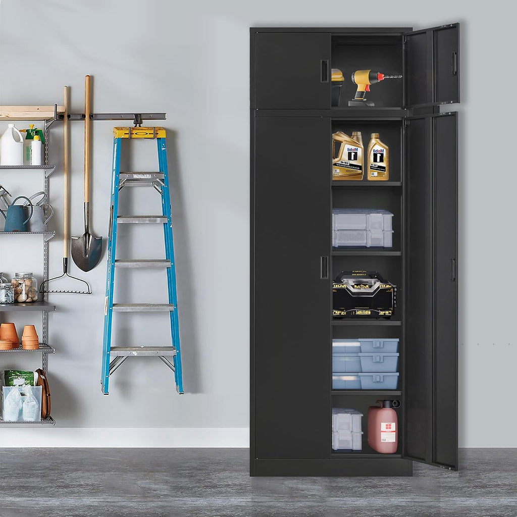 Wanfu Metal Storage Cabinet, 87" H x 32" W x 16" D Locking Storage Cabinets with 4 Adjustable Shelves and Top Cabinet for Office, Garage, Home-Black