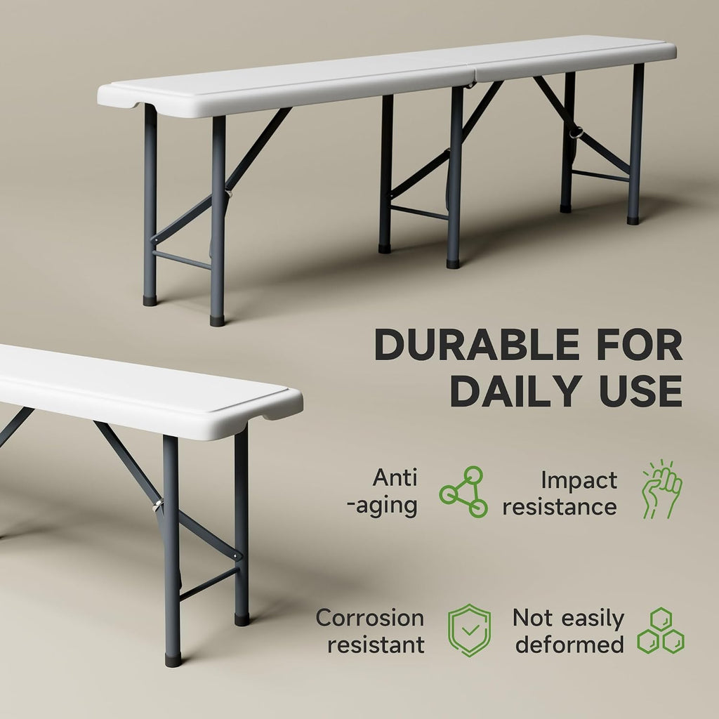 6FT Folding Bench - Heavy Duty 770lbs Capacity, Safety Locking Button & Wider Carrying Handle, Foldable Portable Bench for Outdoor, Picnic, Storage, Camping - White, 2 Pack