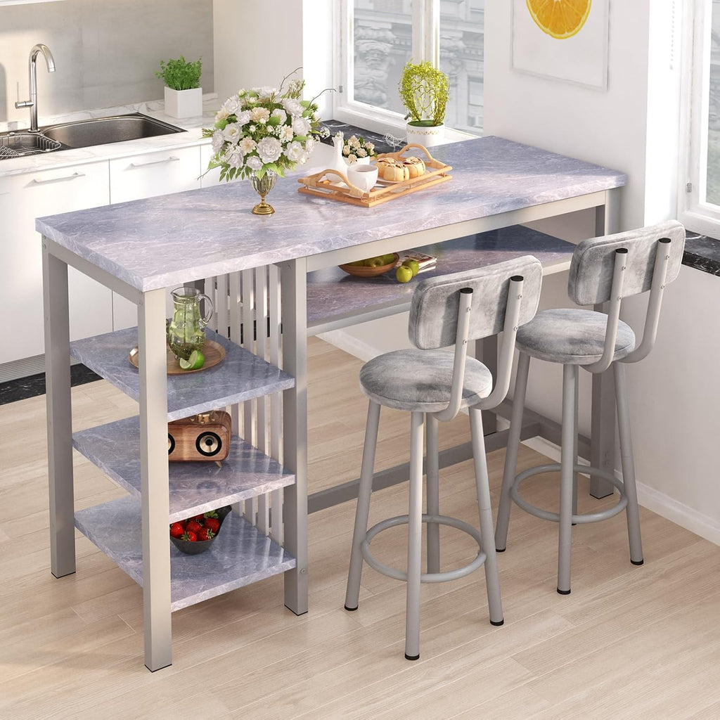 AWQM 3-Piece Bar Table and Chairs Set, Modern Gray Table with 2 PU Cushion Bar Stools, Kitchen Counter with 3 Tier Storage Shelves, Space Saving Table for Home & Kitchen, Black Frame
