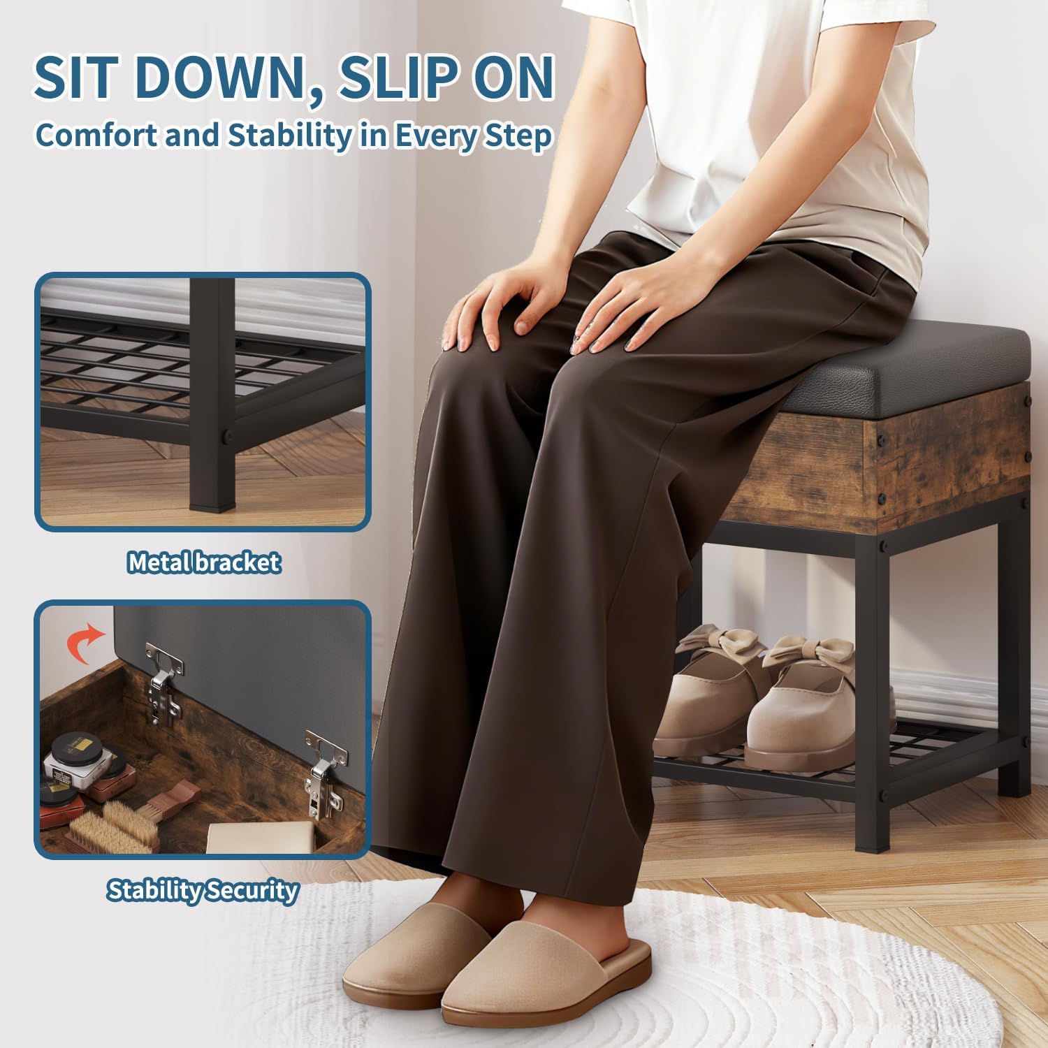 Small Shoe Storage Bench with Padded Seat, Vintage Brown Leather Top & Metal Frame Stool, Small Shoe Rack for Kids, Waterproof Durable Hallway Seat