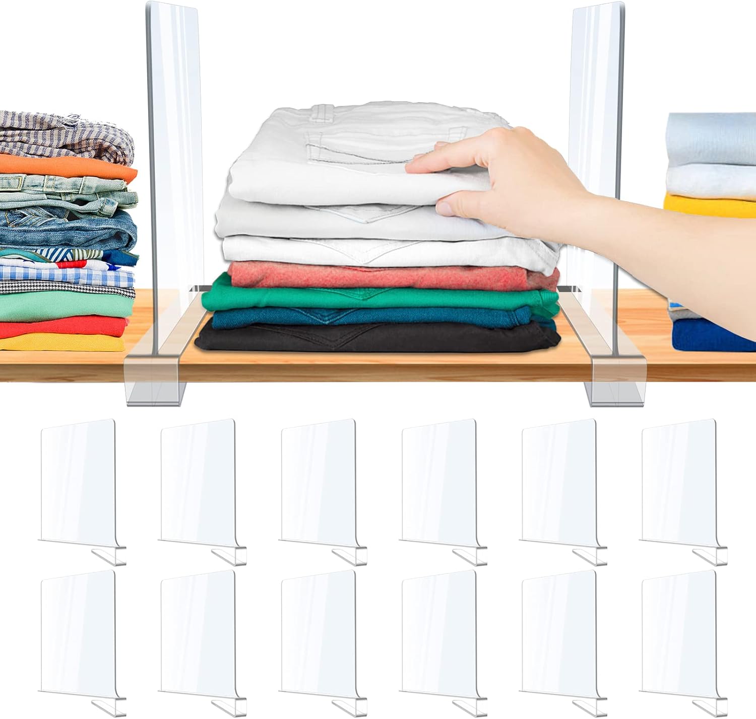12 Pack Acrylic Shelf Dividers, Clear Shelf Divider for Closet Organization, Closet Shelf Separators for Clothes/Purses, Wood Shelves Organizers in Bedroom, Kitchen, Office, Cabinets, Bathroom Storage
