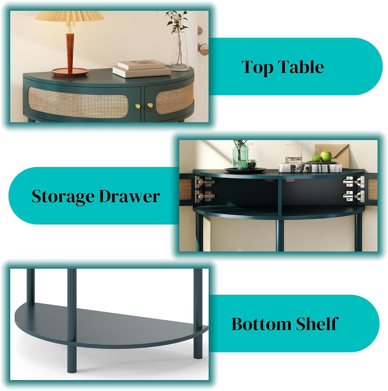 Unique Half Moon Console Table with Rattan Doors, 31.5" Rattan End Table with 2 Drawers & Storage Shelf, Antique Green Half Moon Entry Tables for Living Room, Entryway, Bedroom