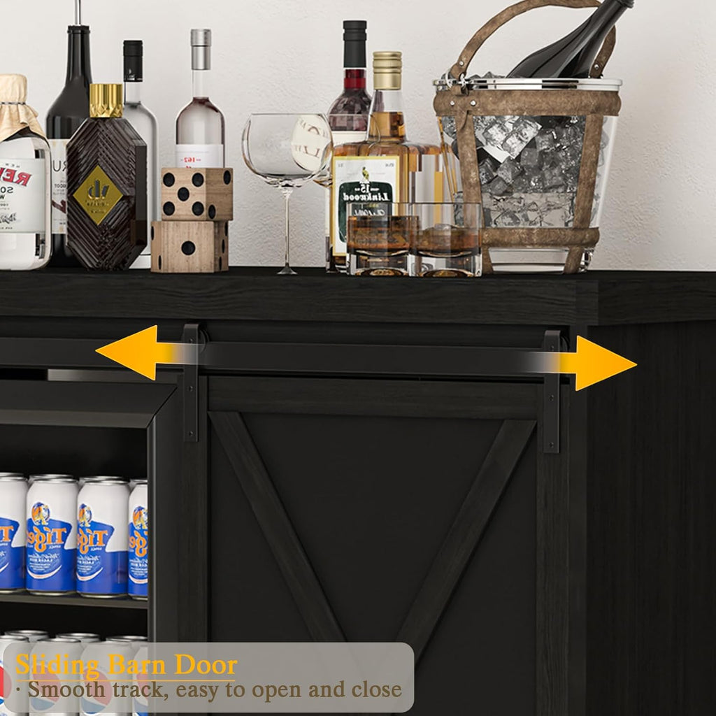 Coffee Bar Cabinet with Mini Fridge Space, 49.2'' Farmhouse Kitchen Buffet Hutch with Power Outlet, Fridge Cabinet with Sliding Barn Door, Wine Rack, Glass Holder for Kitchen Dining Room (Black)