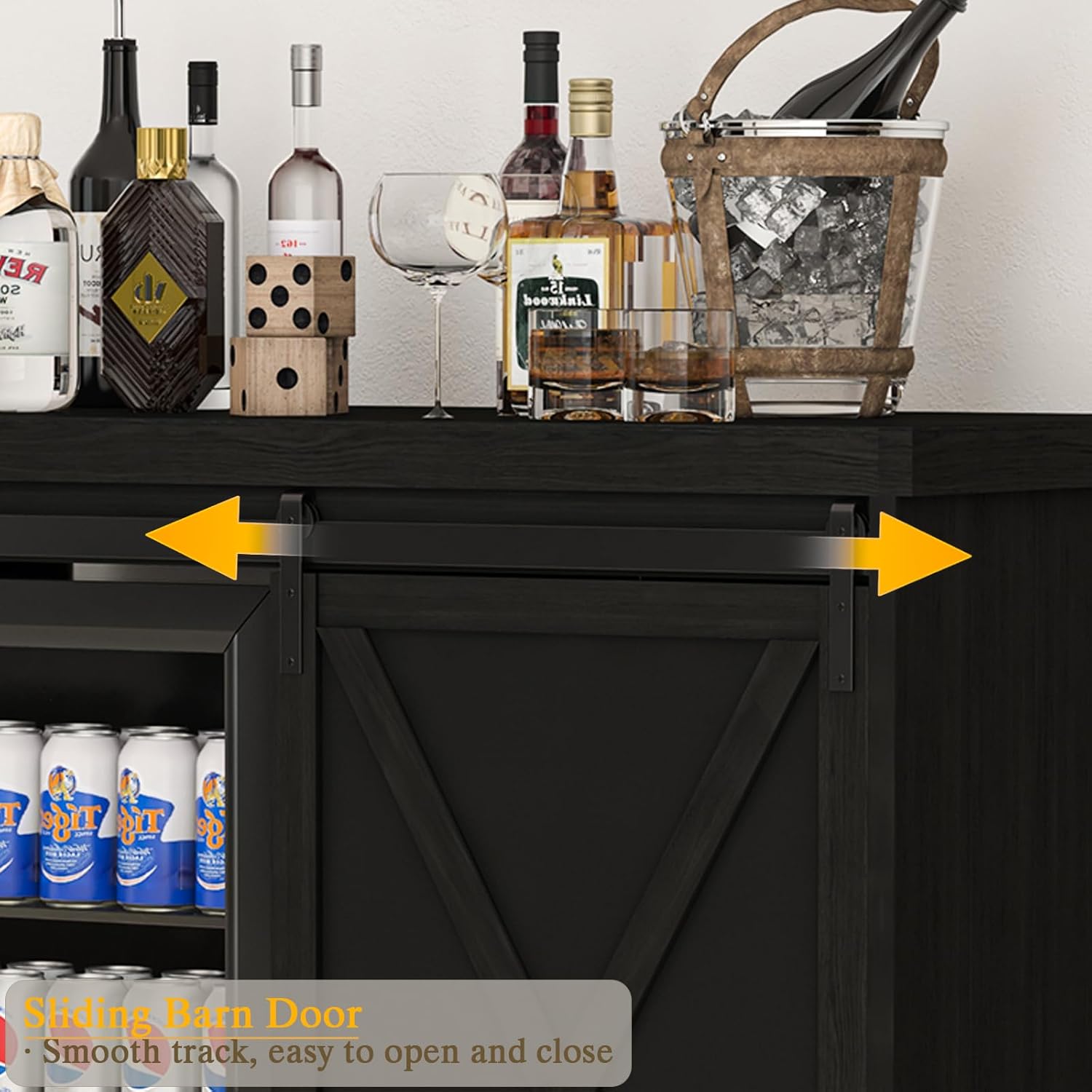 Coffee Bar Cabinet with Mini Fridge Space, 49.2'' Farmhouse Kitchen Buffet Hutch with Power Outlet, Fridge Cabinet with Sliding Barn Door, Wine Rack, Glass Holder for Kitchen Dining Room (Black)