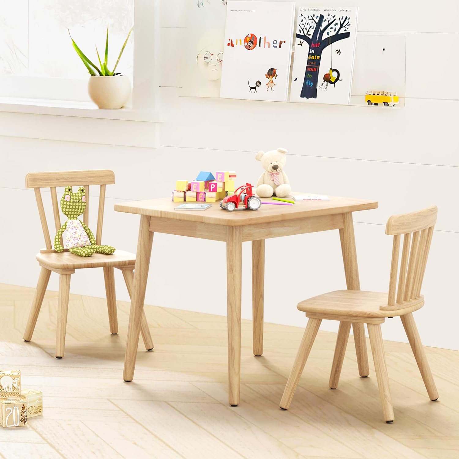 Curipeer Windsor Kids Table and 2 Chair Set, Rubberwood Children Toddler Table and Chair Set with Non-Slip Legs/Round Edge Design for Art, Play, Craft, Activity, Natural Wood