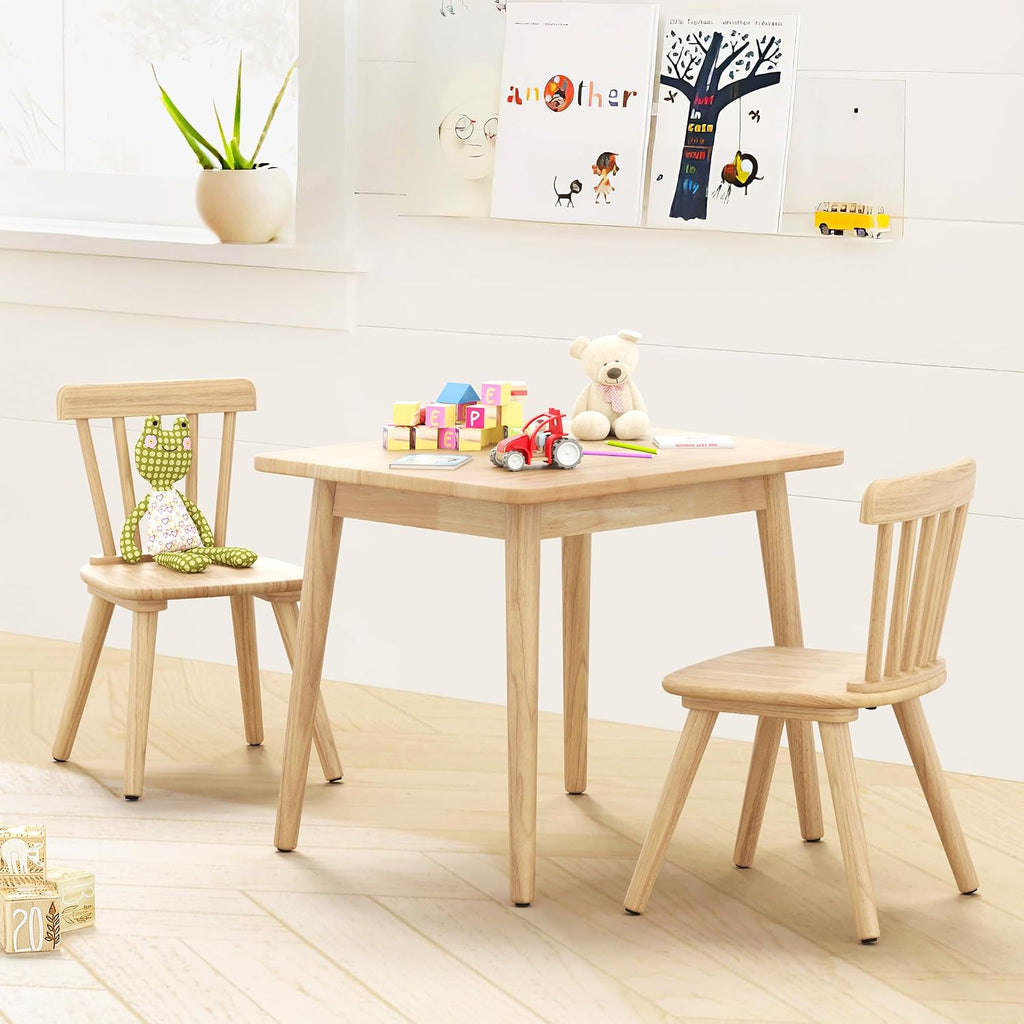 Curipeer Windsor Kids Table and 2 Chair Set, Rubberwood Children Toddler Table and Chair Set with Non-Slip Legs/Round Edge Design for Art, Play, Craft, Activity, Natural Wood