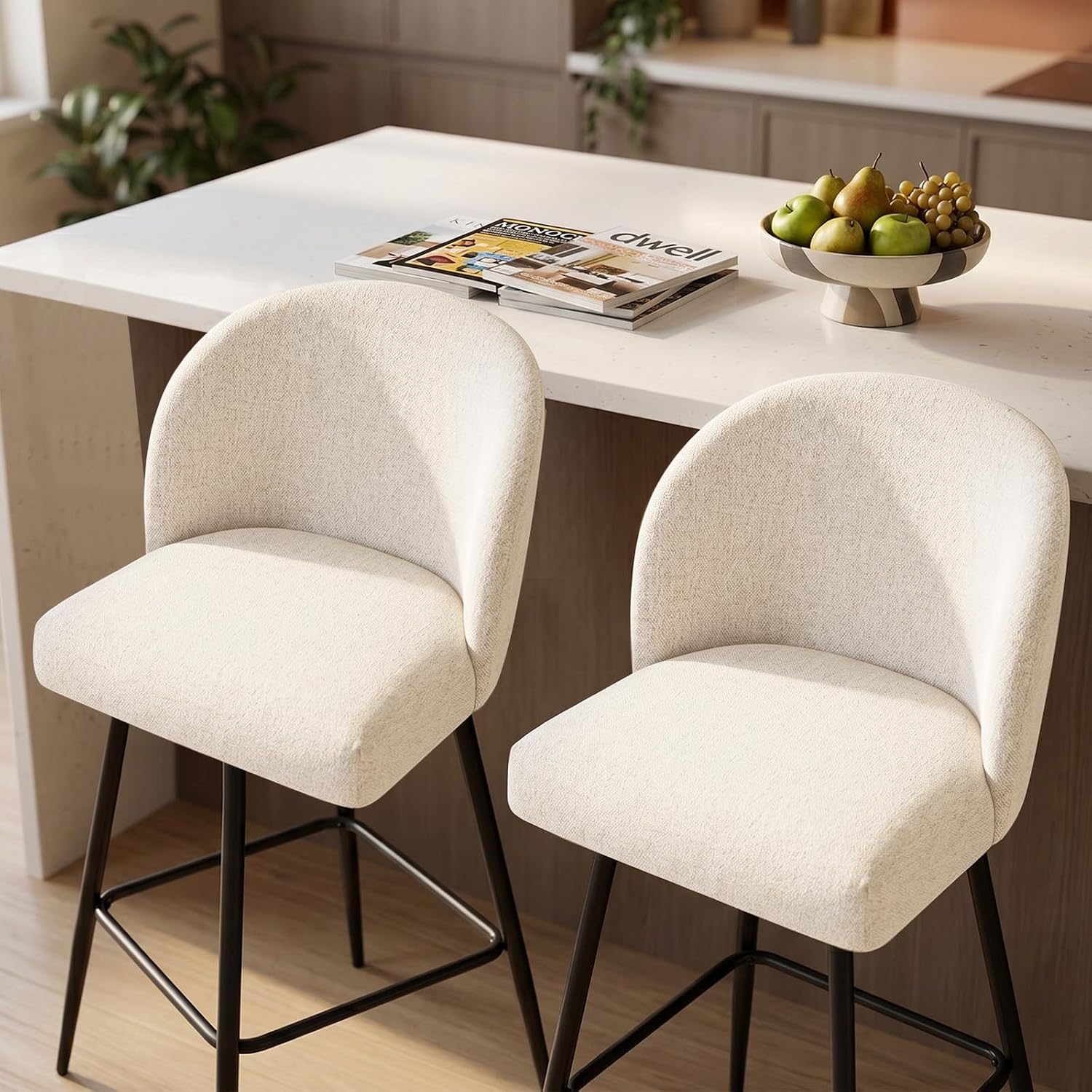 Counter Height Bar Stools Set of 2, 360° Swivel Upholstered Barstools with Backs and Metal Legs, 26" H Seat Height, Linen Fabric in Beige