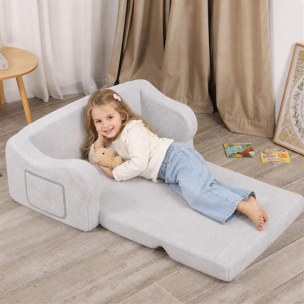 Extra Wide Toddler Chair, 2-in-1 Toddler Couch Fold Out, Convertible Kids Sofa to Lounger for Boys & Girls, Grey
