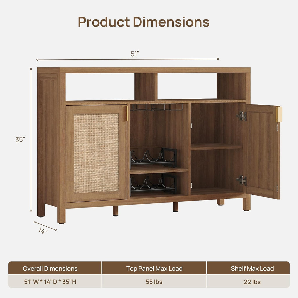 SICOTAS 51" Coffee Bar Cabinet Bar Cart with Storage, Wine Bar Cabinets Boho Home Bar Table, Rattan Sideboard Buffet with 2 Doors, Coffee Station with Wine Racks for Living Dining Room Entryway