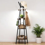 young master Freestanding Coat Rack with Light, 12 Hooks & 3 Wood Shelves, Black