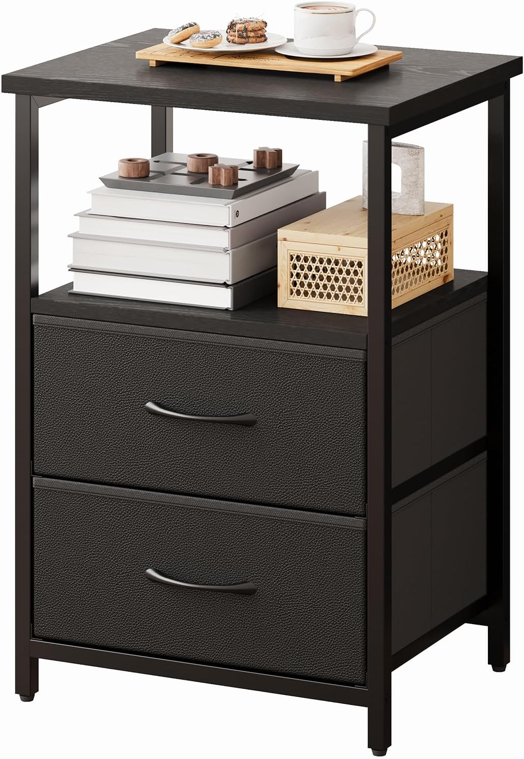 TOMNK Black Nightstand with Drawers Nightstand with Drawers | 2 Sliding Fabric Storage Drawers | Fabric | Storage Shelf | Bedroom Side Table, Night Stand, End Table | Living Room, Dorm