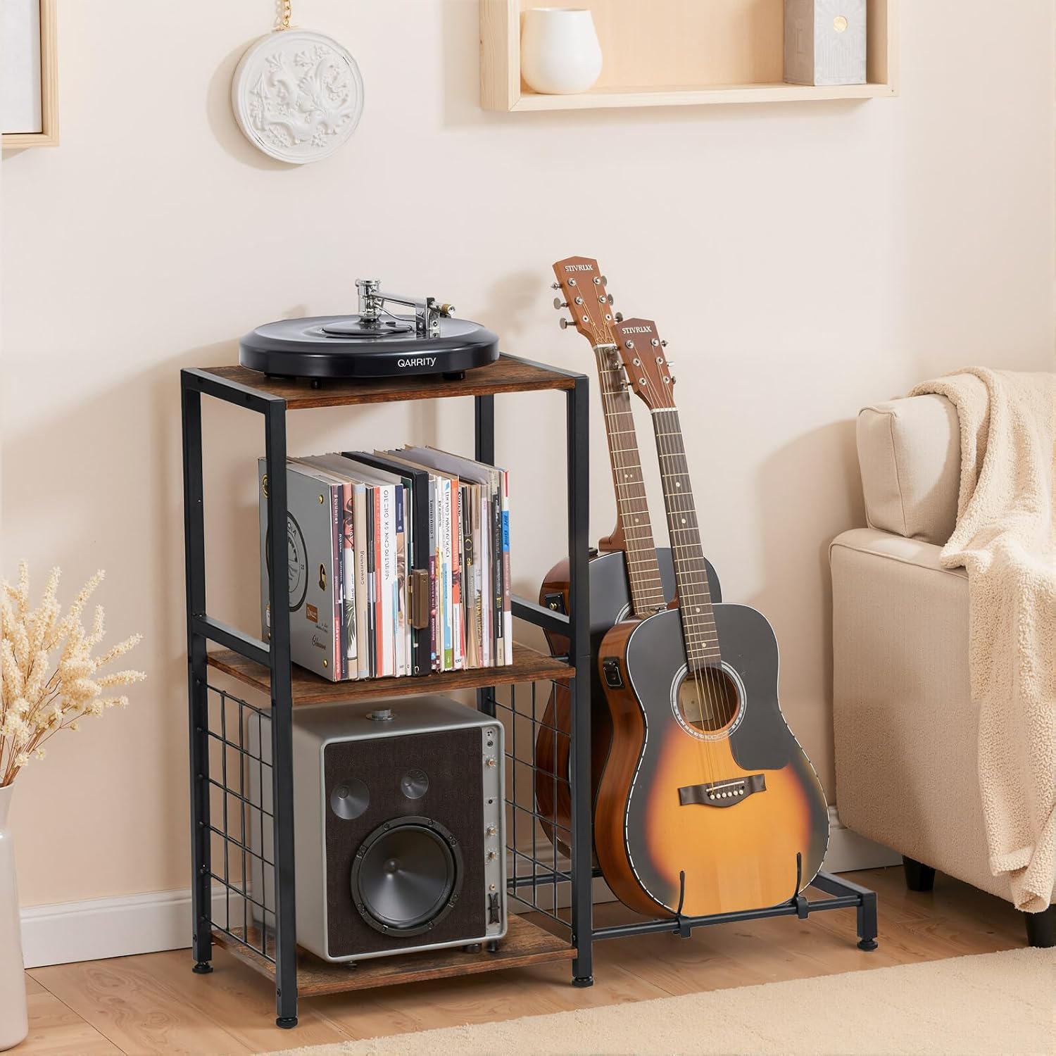 FurnitureR Multifunctional End Table with Guitar Stand, Industrial Style 3-Tier Music Equipment Rack with Wooden Board & Metal Frame, Guitar Stand with Storage Shelves, Holds 2 Guitars, Brown