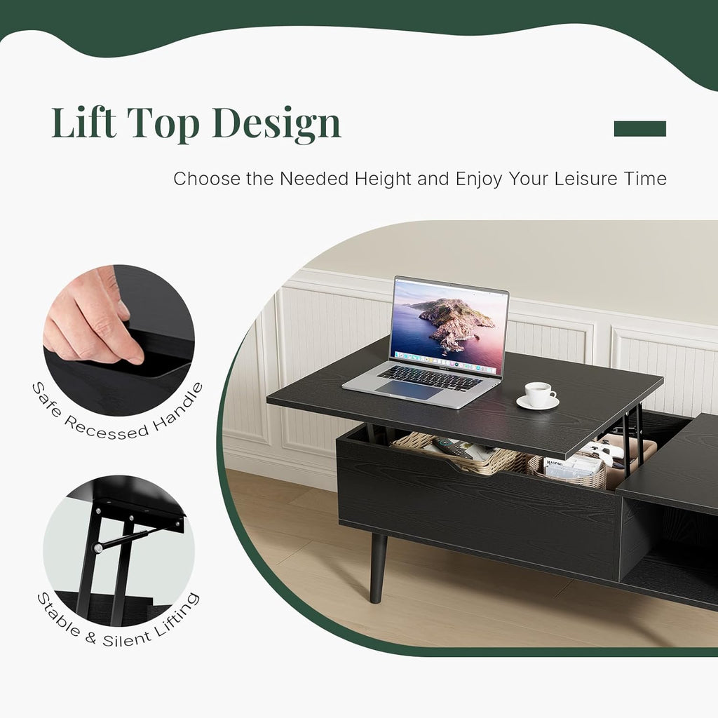 Wood Lift Top Coffee Table with Hidden Storage Compartment & Open Shelf, Multi-Functional Wooden Tabletop Dining Table for Living Room, Home Small Space